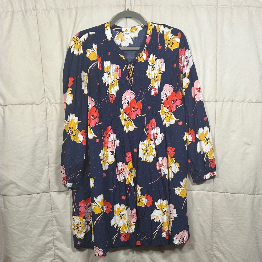 Old Navy Floral & Polka Dot Long Sleeve Navy Blue Tie Front Dress